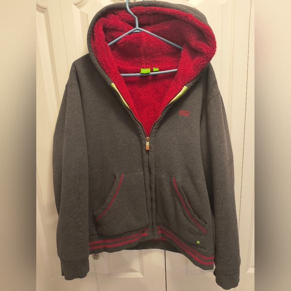 Men's Hugo Boss XL Grey and Red Hoodie Warm faux-fur lined - Picture 2 of 5
